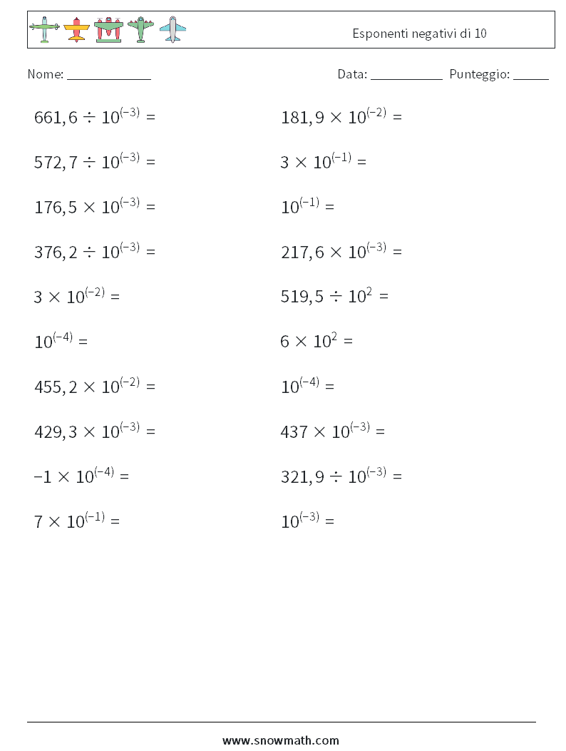 Esponenti negativi di 10 Fogli di lavoro di matematica 1