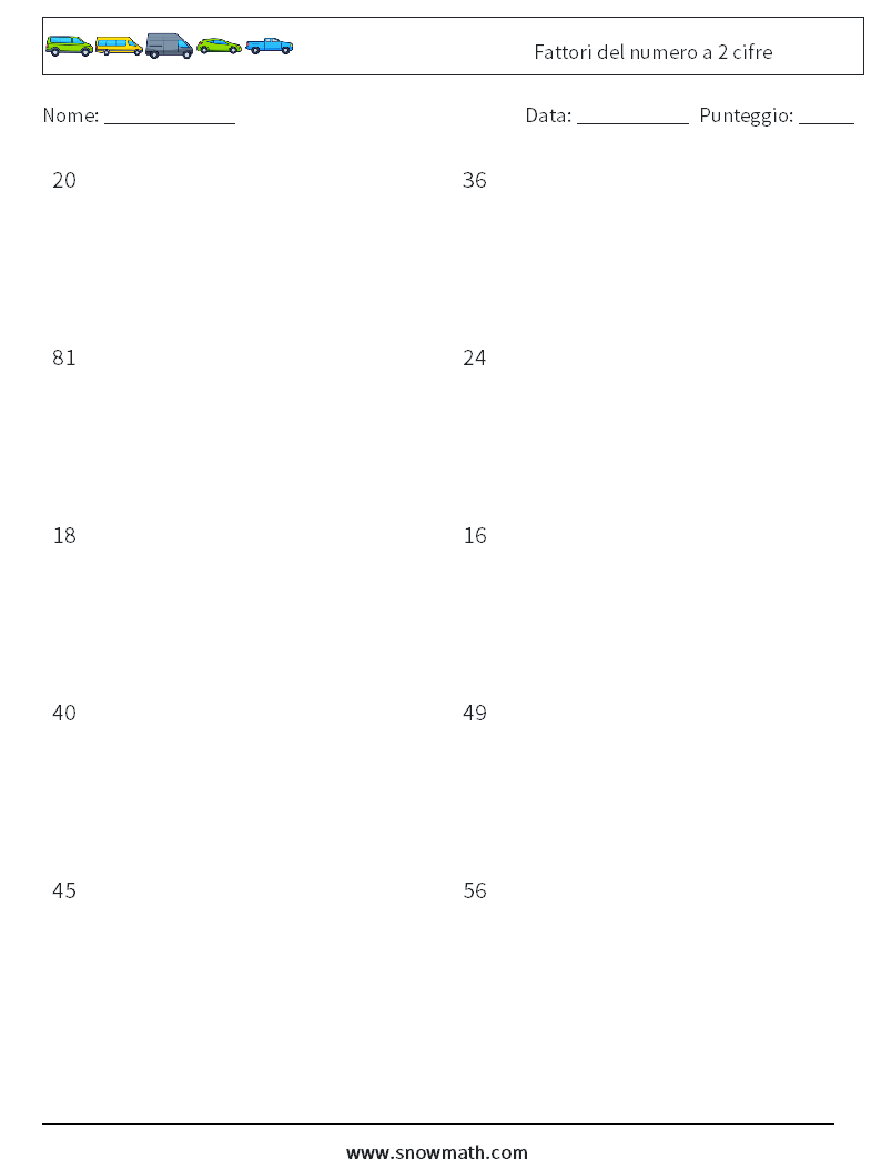 Fattori del numero a 2 cifre Fogli di lavoro di matematica 1