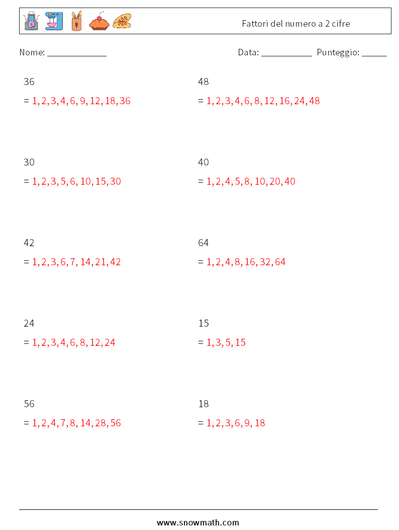 Fattori del numero a 2 cifre Fogli di lavoro di matematica 4 Domanda, Risposta