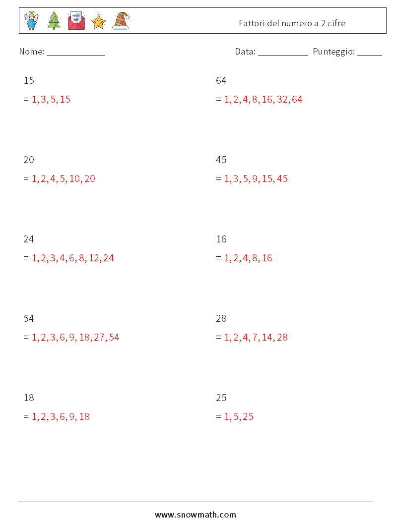 Fattori del numero a 2 cifre Fogli di lavoro di matematica 5 Domanda, Risposta