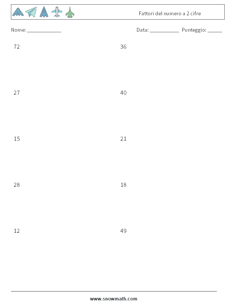 Fattori del numero a 2 cifre Fogli di lavoro di matematica 6