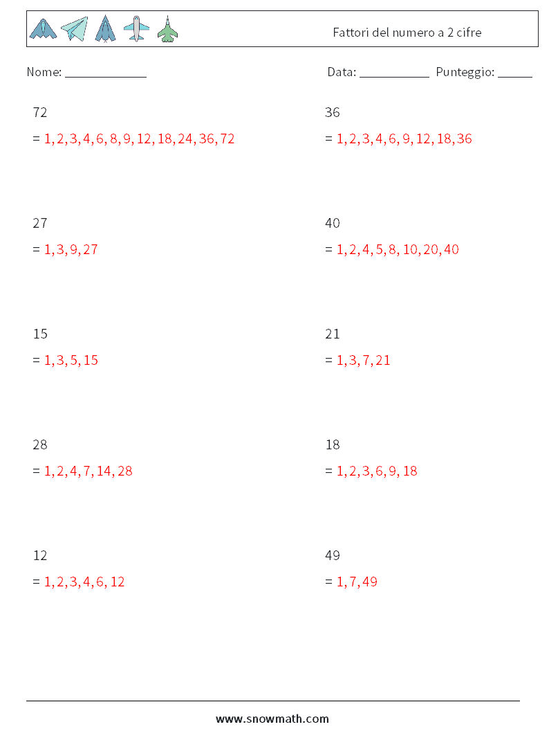 Fattori del numero a 2 cifre Fogli di lavoro di matematica 6 Domanda, Risposta