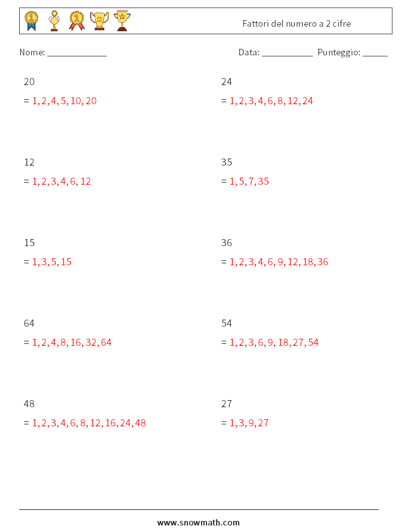 Fattori del numero a 2 cifre Fogli di lavoro di matematica 7 Domanda, Risposta