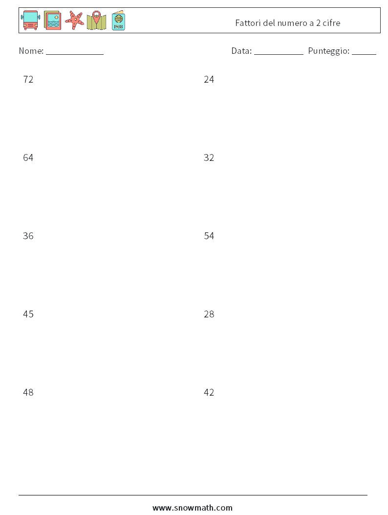 Fattori del numero a 2 cifre Fogli di lavoro di matematica 9