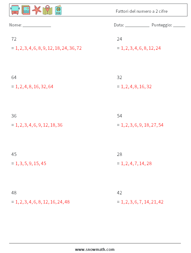 Fattori del numero a 2 cifre Fogli di lavoro di matematica 9 Domanda, Risposta