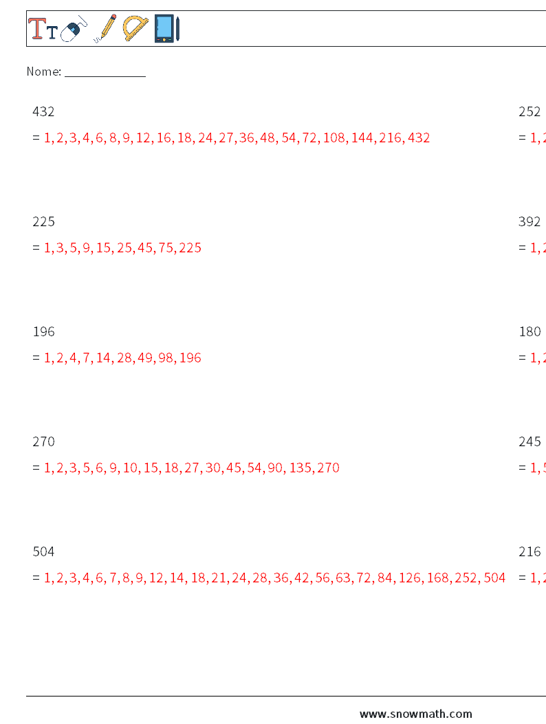 Fattori del numero a 3 cifre Fogli di lavoro di matematica 1 Domanda, Risposta