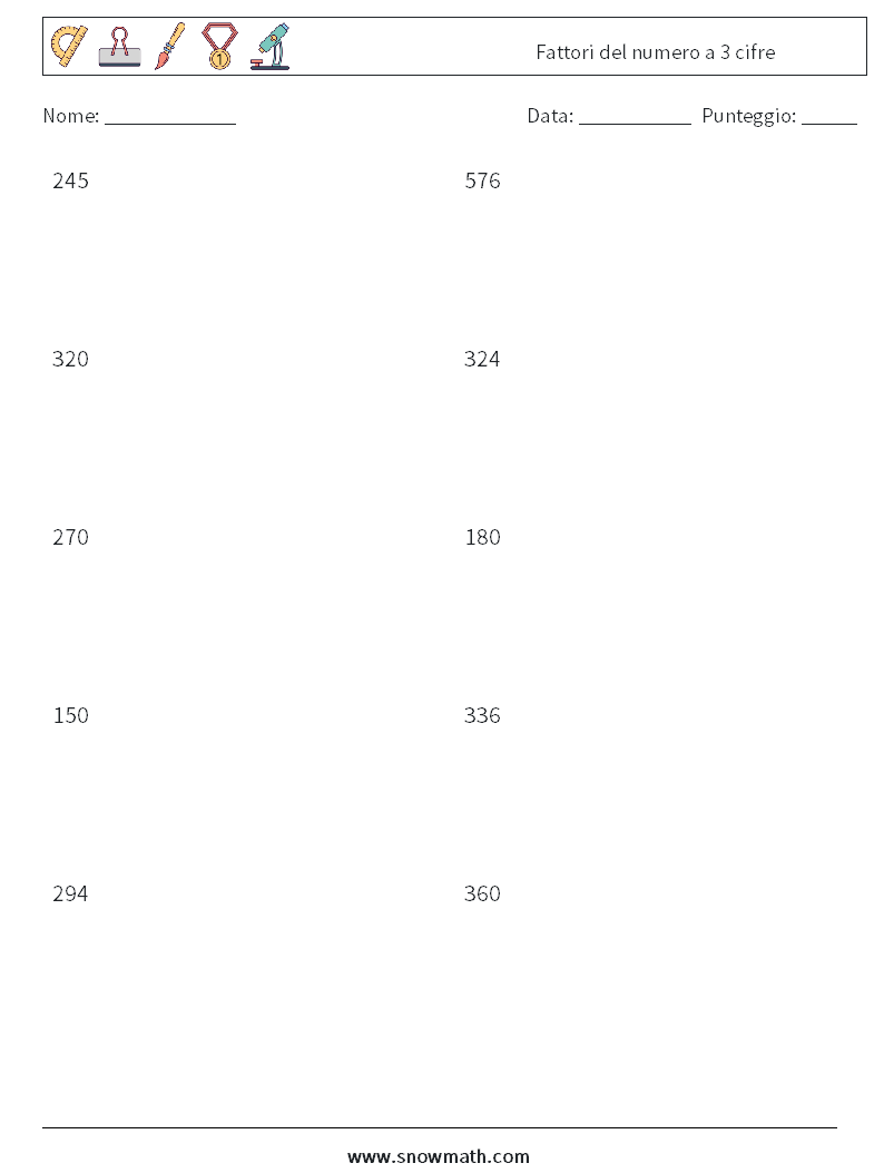 Fattori del numero a 3 cifre Fogli di lavoro di matematica 2
