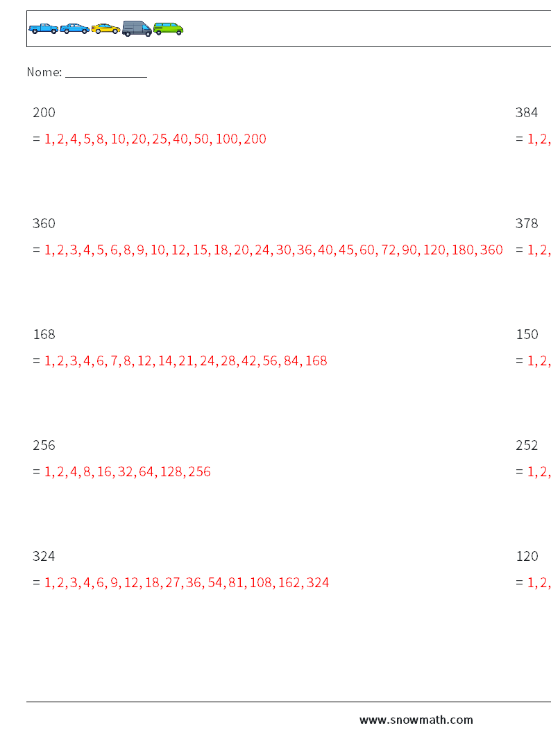 Fattori del numero a 3 cifre Fogli di lavoro di matematica 3 Domanda, Risposta