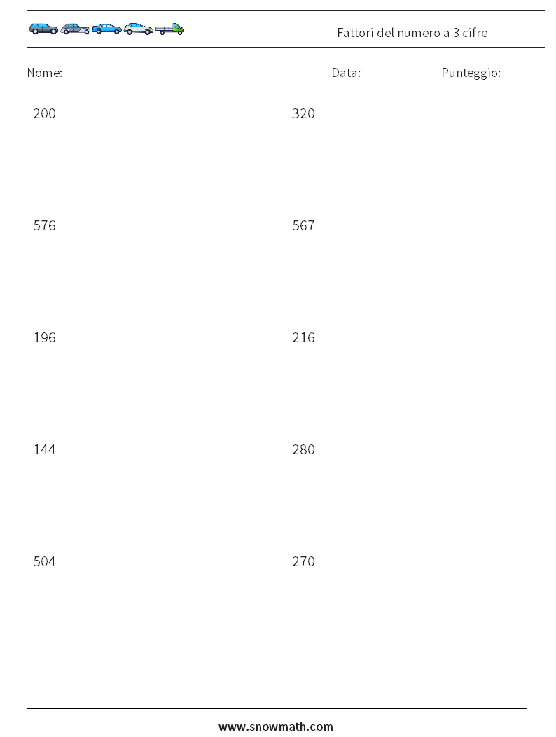 Fattori del numero a 3 cifre Fogli di lavoro di matematica 5