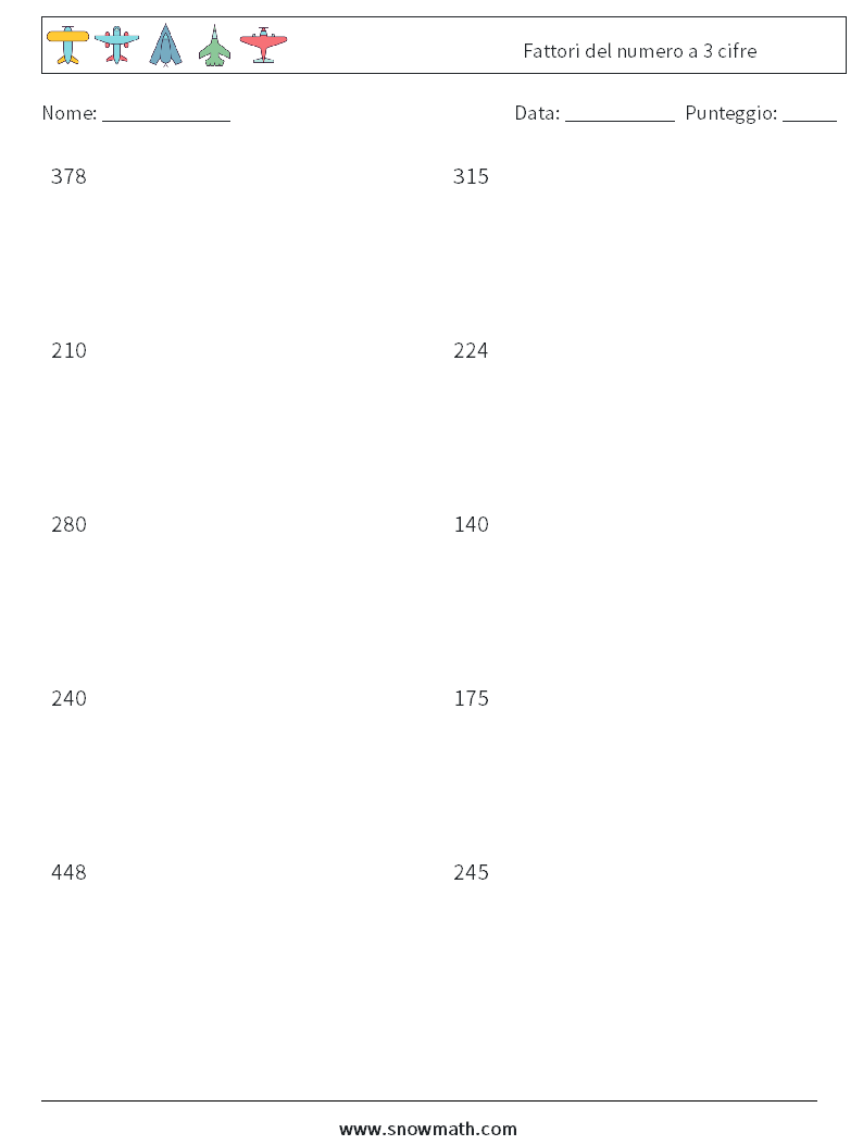 Fattori del numero a 3 cifre Fogli di lavoro di matematica 6