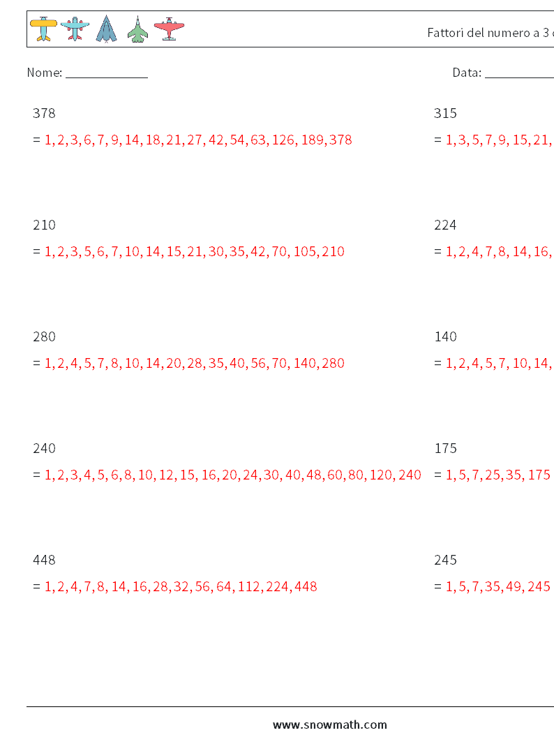 Fattori del numero a 3 cifre Fogli di lavoro di matematica 6 Domanda, Risposta