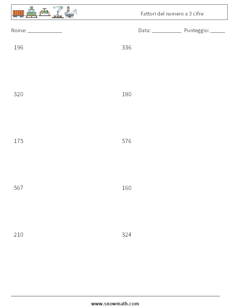 Fattori del numero a 3 cifre Fogli di lavoro di matematica 7