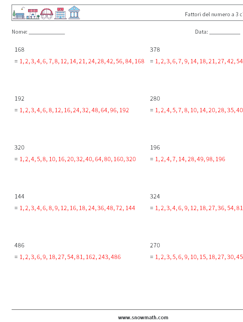 Fattori del numero a 3 cifre Fogli di lavoro di matematica 9 Domanda, Risposta