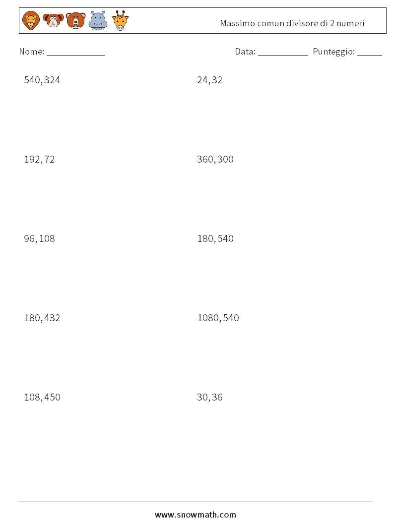 Massimo comun divisore di 2 numeri Fogli di lavoro di matematica 1