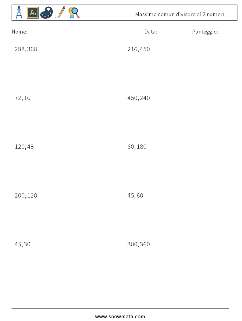 Massimo comun divisore di 2 numeri Fogli di lavoro di matematica 3