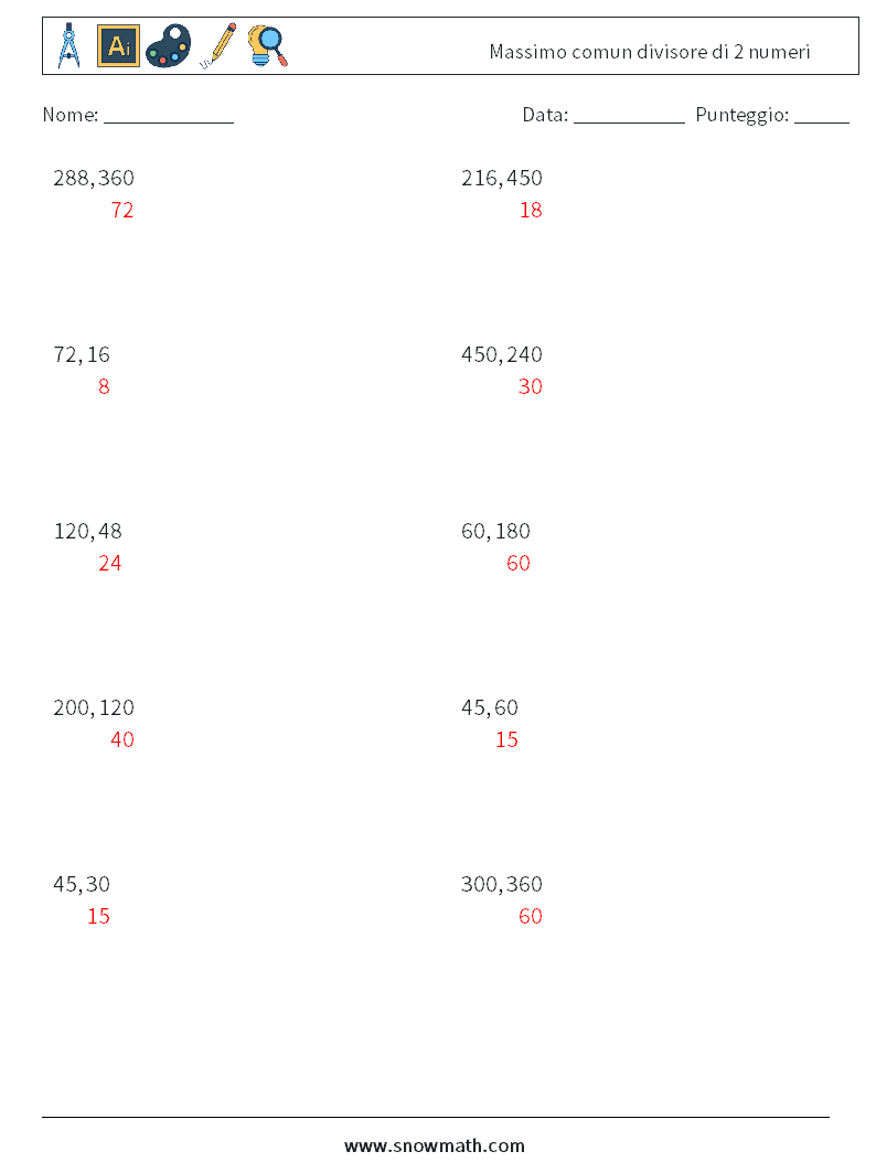 Massimo comun divisore di 2 numeri Fogli di lavoro di matematica 3 Domanda, Risposta