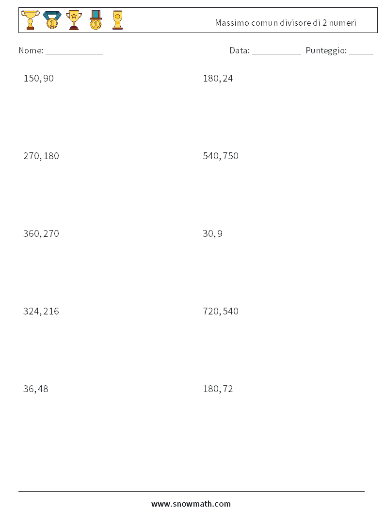 Massimo comun divisore di 2 numeri Fogli di lavoro di matematica 4