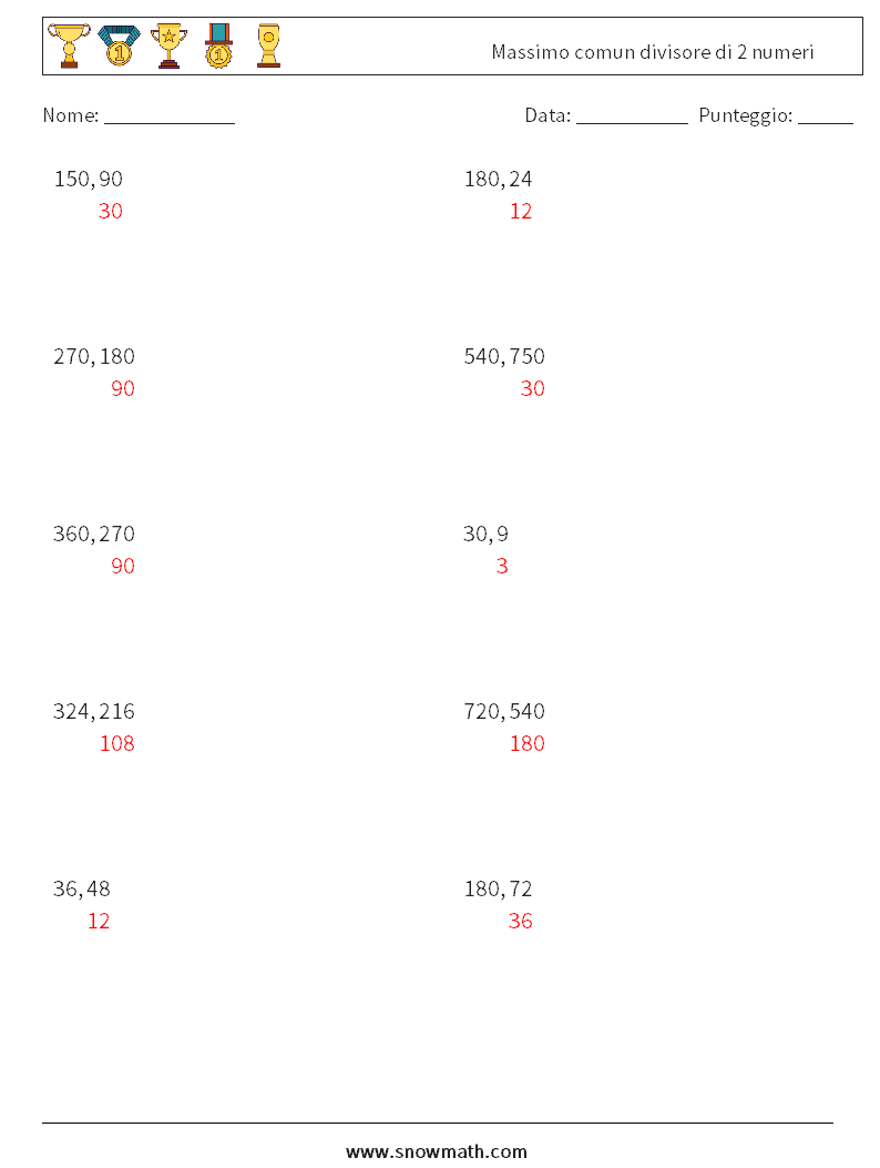 Massimo comun divisore di 2 numeri Fogli di lavoro di matematica 4 Domanda, Risposta