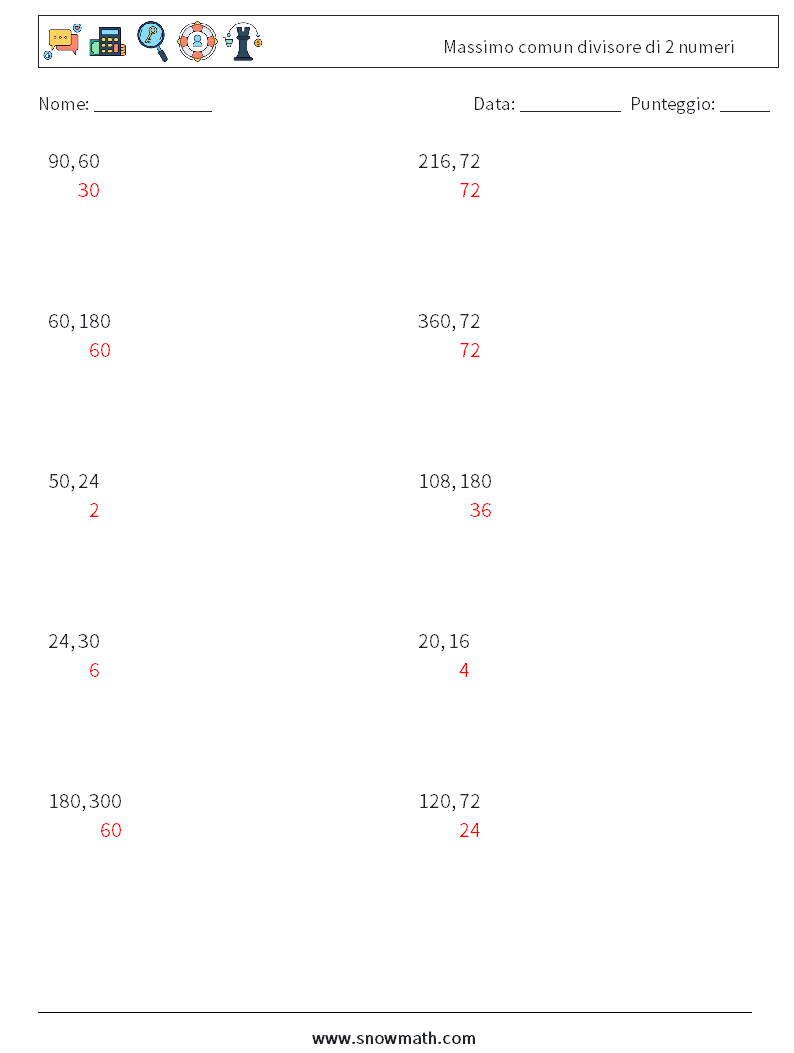 Massimo comun divisore di 2 numeri Fogli di lavoro di matematica 5 Domanda, Risposta