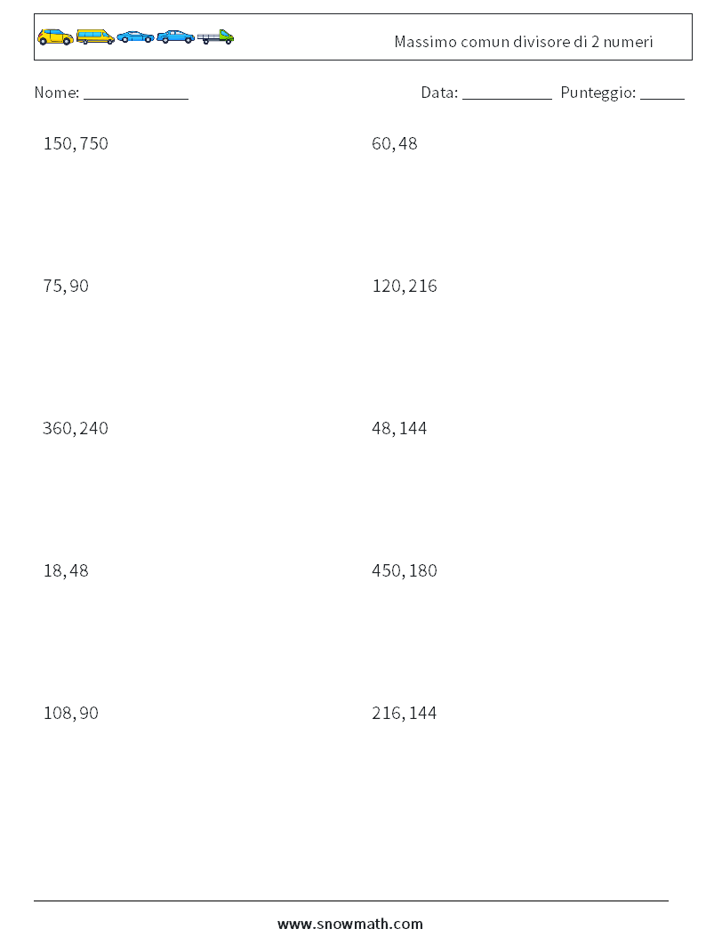 Massimo comun divisore di 2 numeri Fogli di lavoro di matematica 6