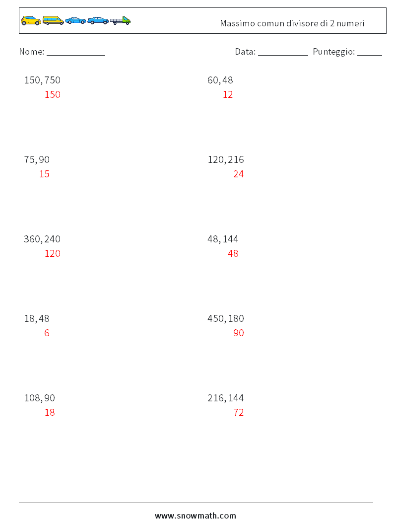 Massimo comun divisore di 2 numeri Fogli di lavoro di matematica 6 Domanda, Risposta