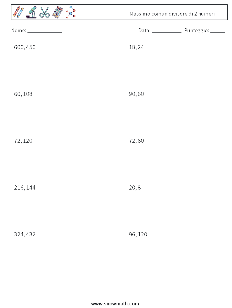 Massimo comun divisore di 2 numeri Fogli di lavoro di matematica 7