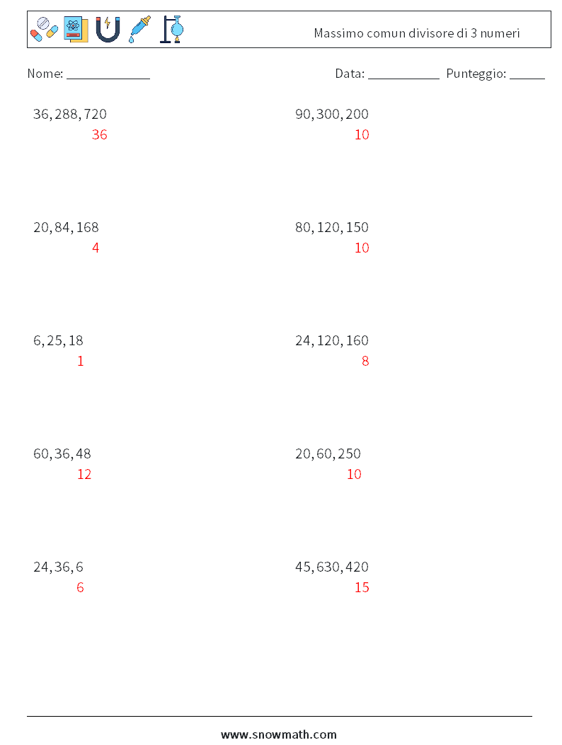 Massimo comun divisore di 3 numeri Fogli di lavoro di matematica 2 Domanda, Risposta