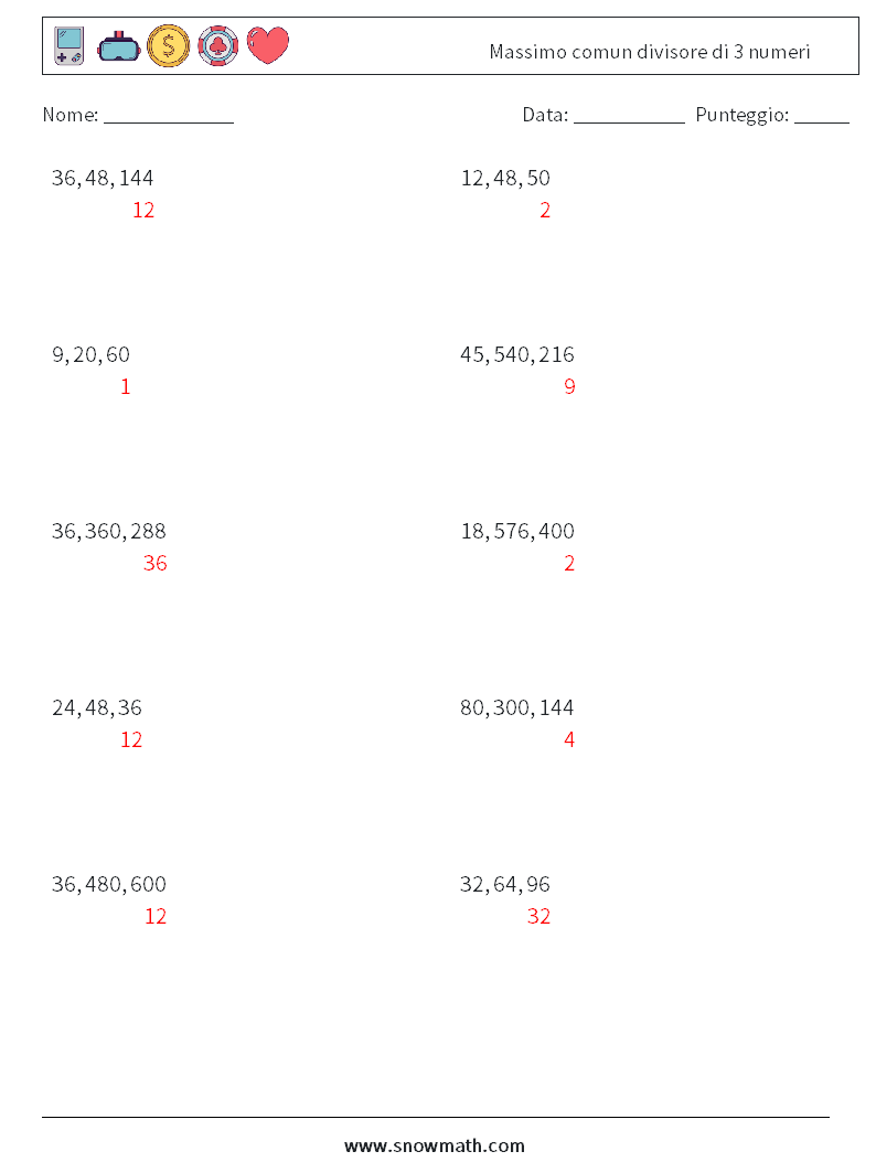 Massimo comun divisore di 3 numeri Fogli di lavoro di matematica 3 Domanda, Risposta
