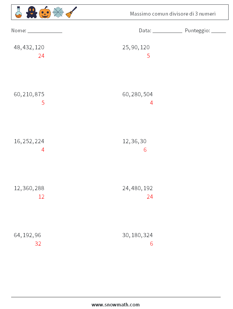 Massimo comun divisore di 3 numeri Fogli di lavoro di matematica 4 Domanda, Risposta