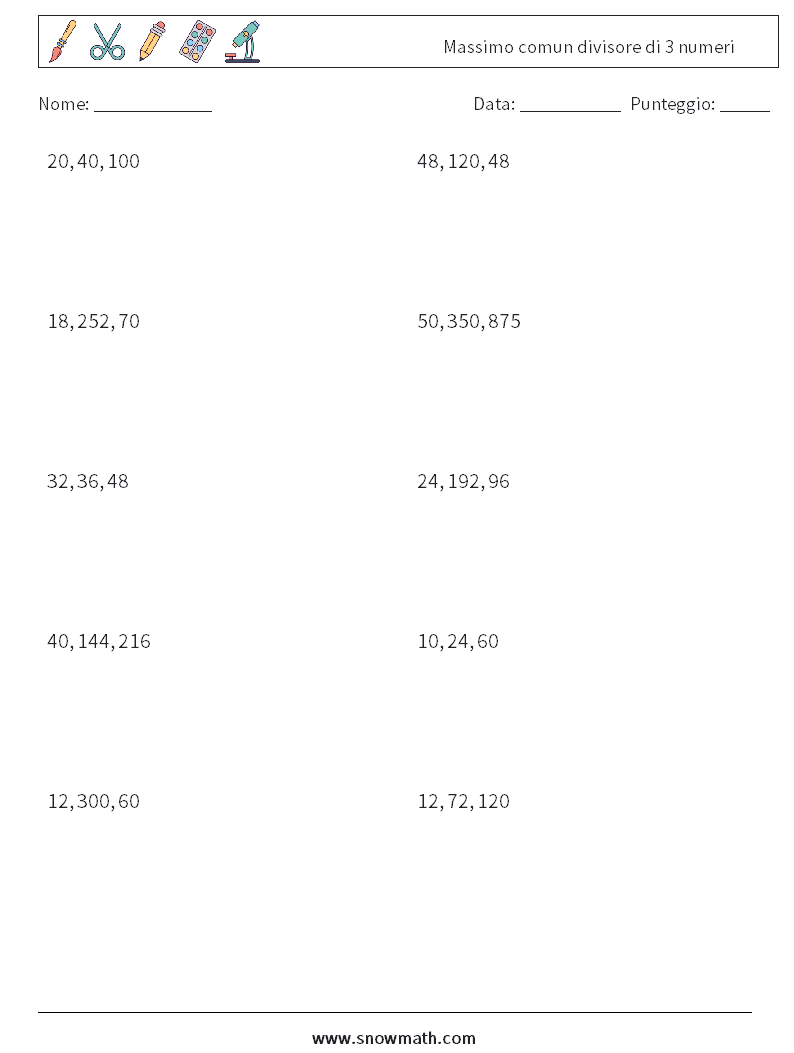 Massimo comun divisore di 3 numeri Fogli di lavoro di matematica 5