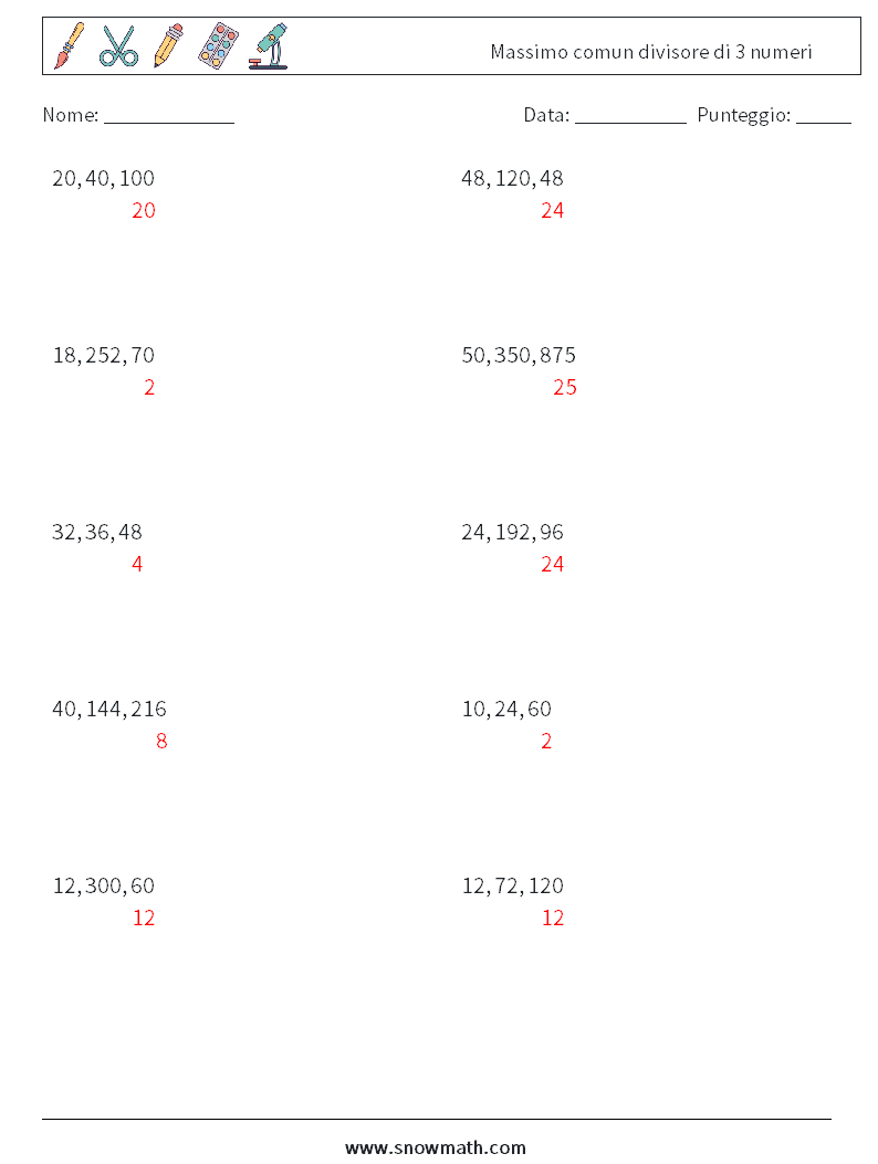 Massimo comun divisore di 3 numeri Fogli di lavoro di matematica 5 Domanda, Risposta