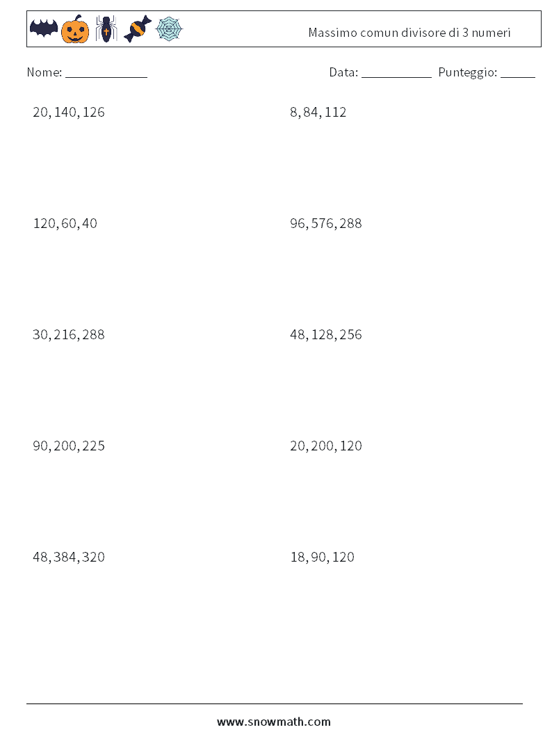 Massimo comun divisore di 3 numeri Fogli di lavoro di matematica 6