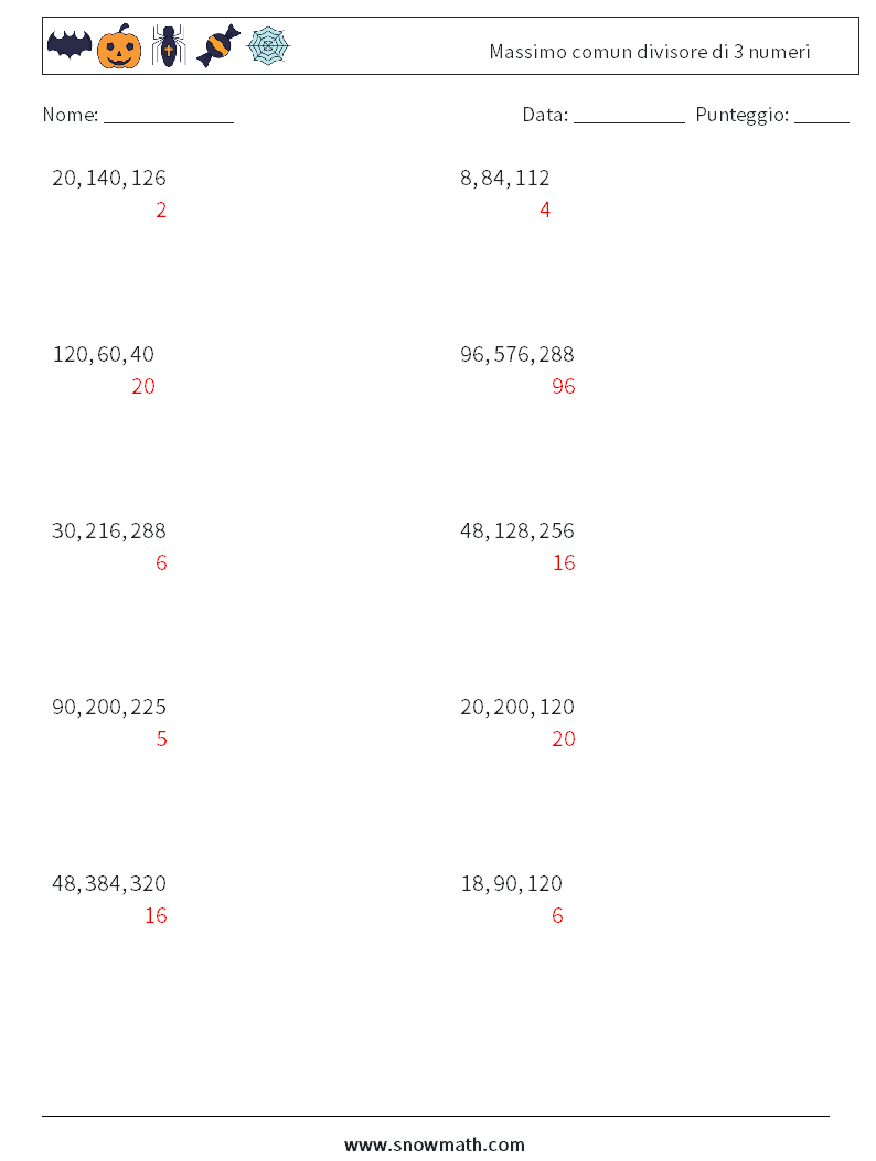 Massimo comun divisore di 3 numeri Fogli di lavoro di matematica 6 Domanda, Risposta