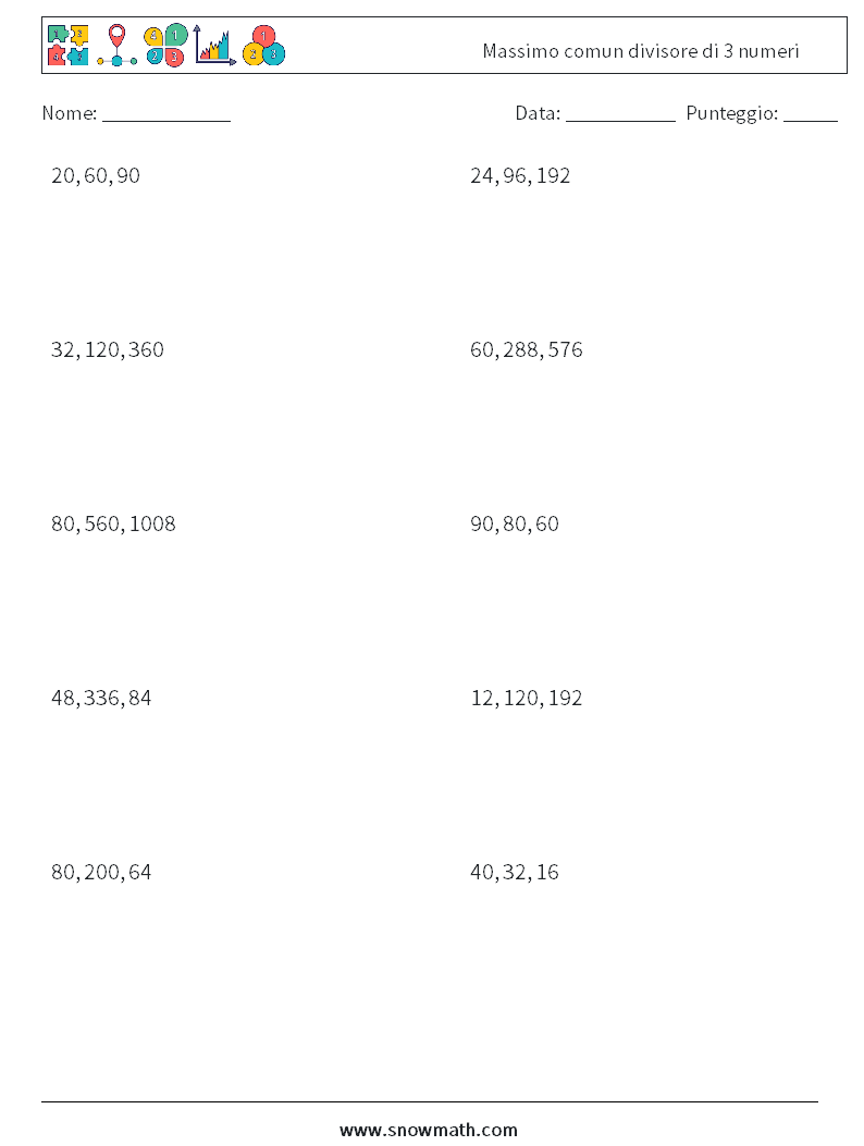 Massimo comun divisore di 3 numeri Fogli di lavoro di matematica 7