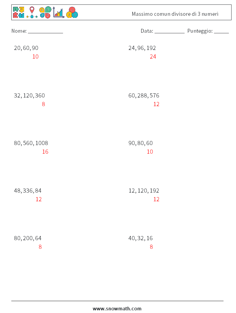 Massimo comun divisore di 3 numeri Fogli di lavoro di matematica 7 Domanda, Risposta