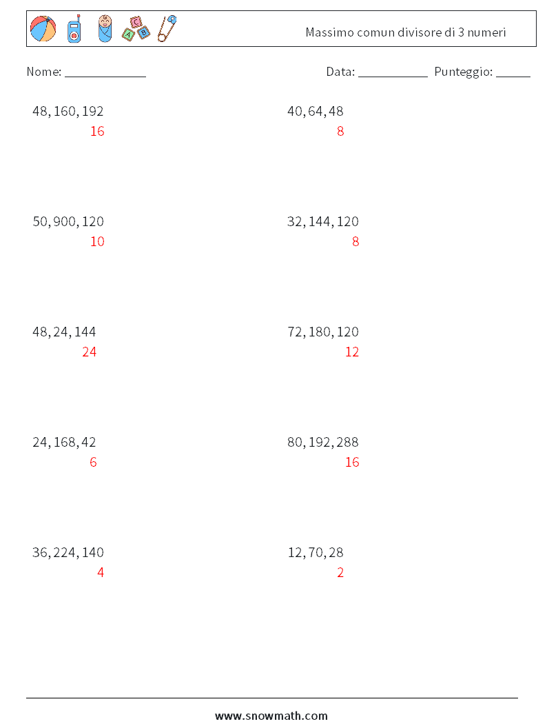 Massimo comun divisore di 3 numeri Fogli di lavoro di matematica 9 Domanda, Risposta