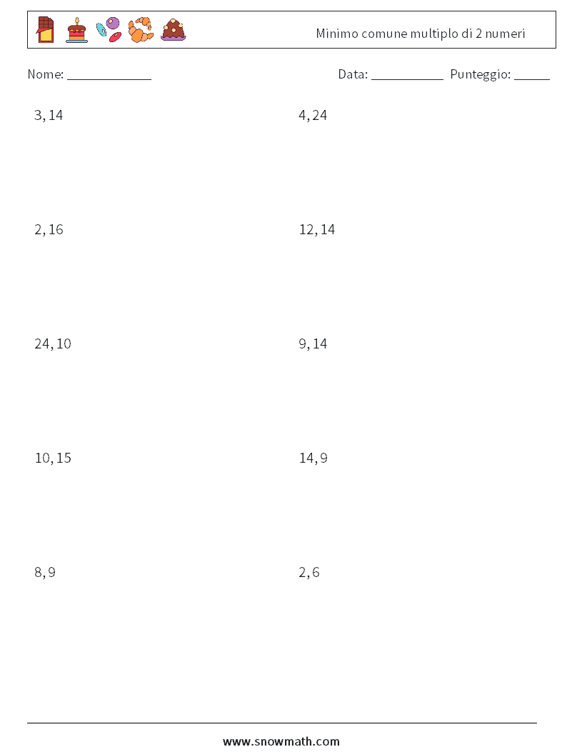 Minimo comune multiplo di 2 numeri Fogli di lavoro di matematica 1