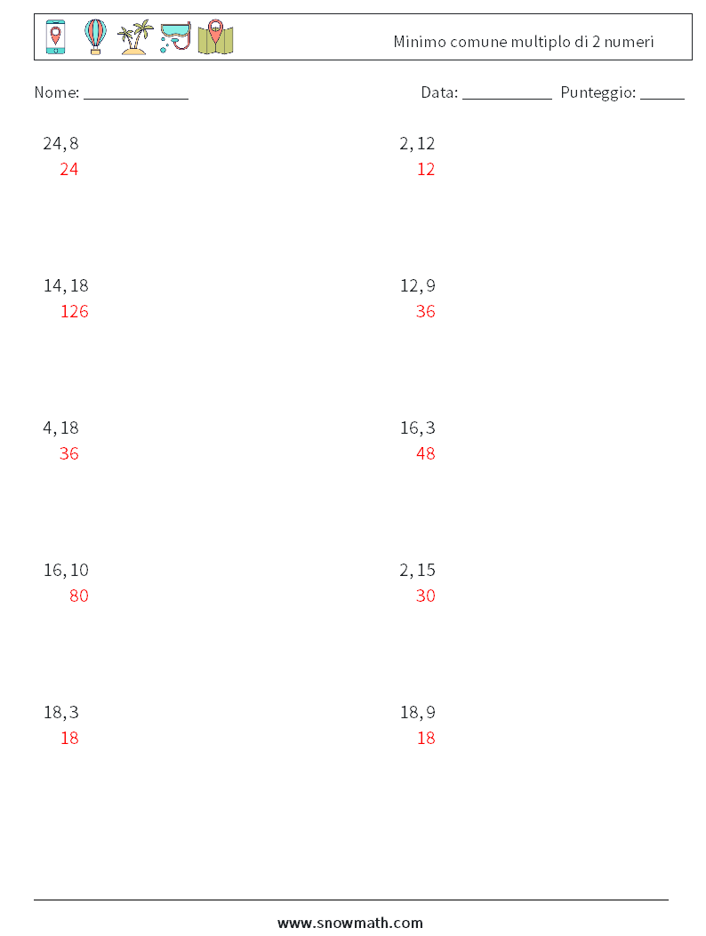 Minimo comune multiplo di 2 numeri Fogli di lavoro di matematica 3 Domanda, Risposta