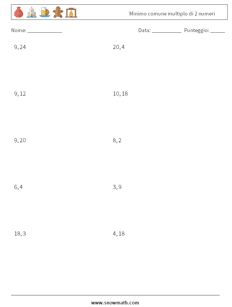 Minimo comune multiplo di 2 numeri Fogli di lavoro di matematica 5