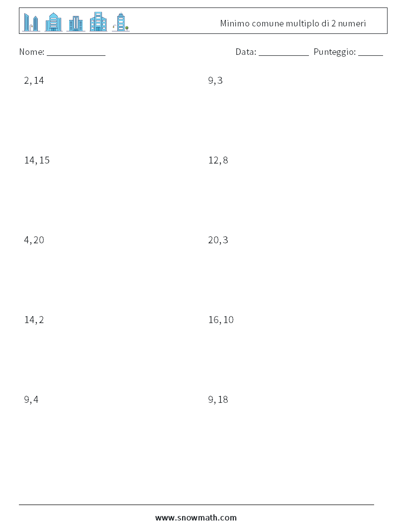 Minimo comune multiplo di 2 numeri Fogli di lavoro di matematica 6