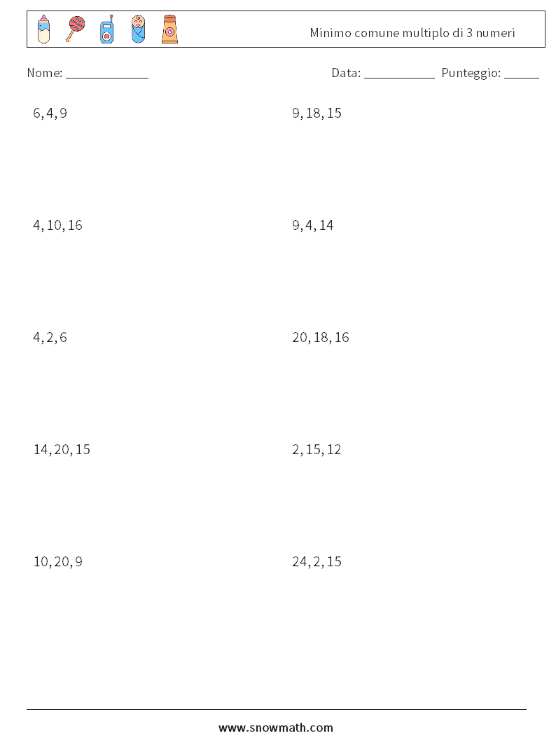 Minimo comune multiplo di 3 numeri Fogli di lavoro di matematica 1