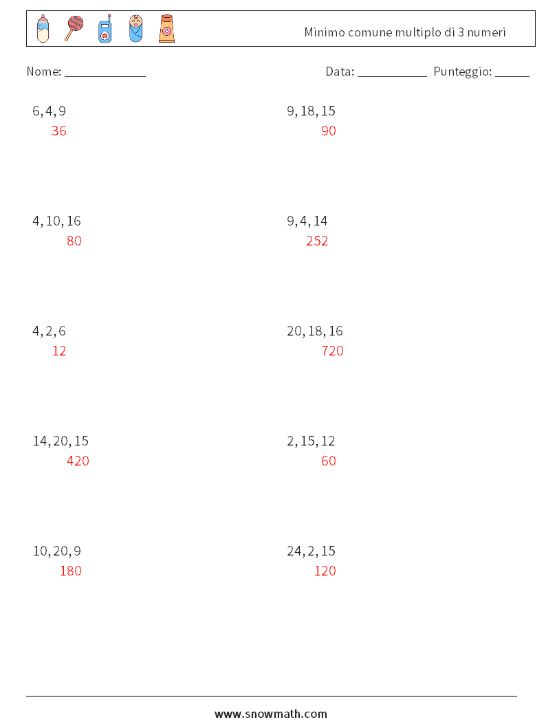 Minimo comune multiplo di 3 numeri Fogli di lavoro di matematica 1 Domanda, Risposta