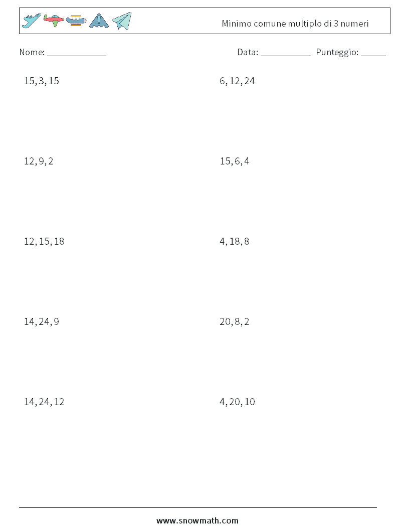 Minimo comune multiplo di 3 numeri Fogli di lavoro di matematica 2