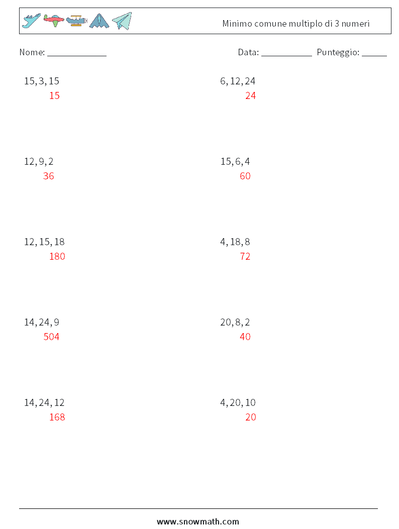 Minimo comune multiplo di 3 numeri Fogli di lavoro di matematica 2 Domanda, Risposta