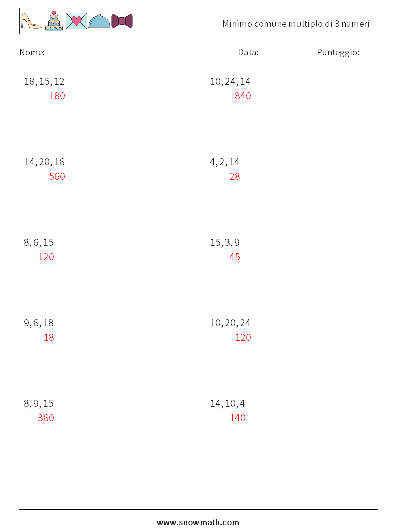 Minimo comune multiplo di 3 numeri Fogli di lavoro di matematica 3 Domanda, Risposta