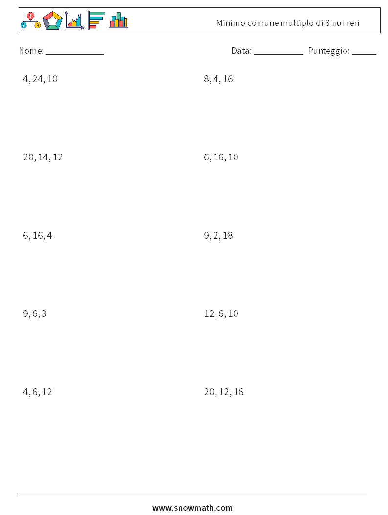 Minimo comune multiplo di 3 numeri Fogli di lavoro di matematica 4