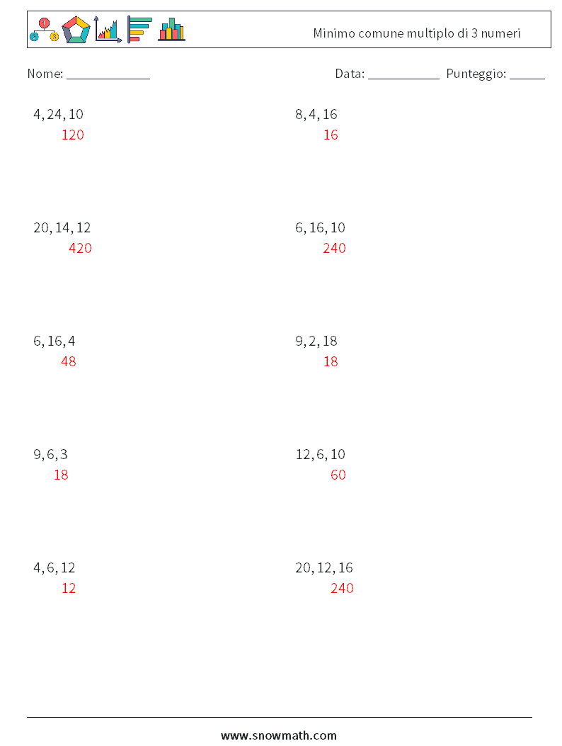 Minimo comune multiplo di 3 numeri Fogli di lavoro di matematica 4 Domanda, Risposta