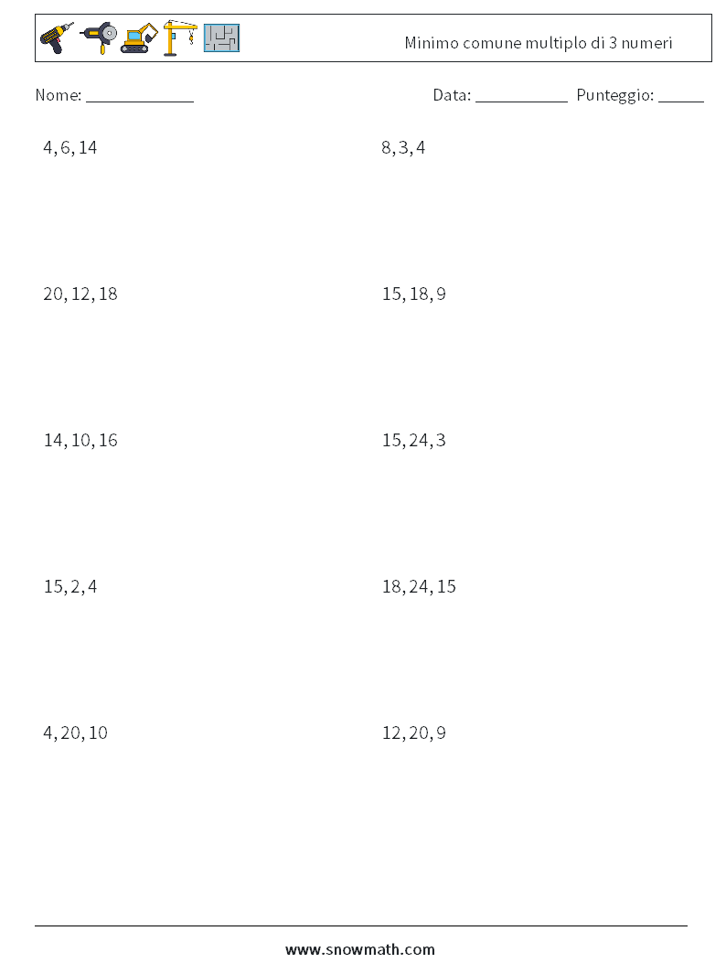 Minimo comune multiplo di 3 numeri Fogli di lavoro di matematica 6