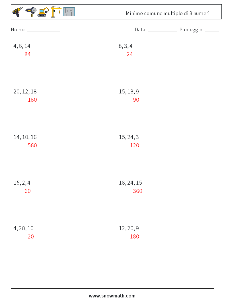 Minimo comune multiplo di 3 numeri Fogli di lavoro di matematica 6 Domanda, Risposta