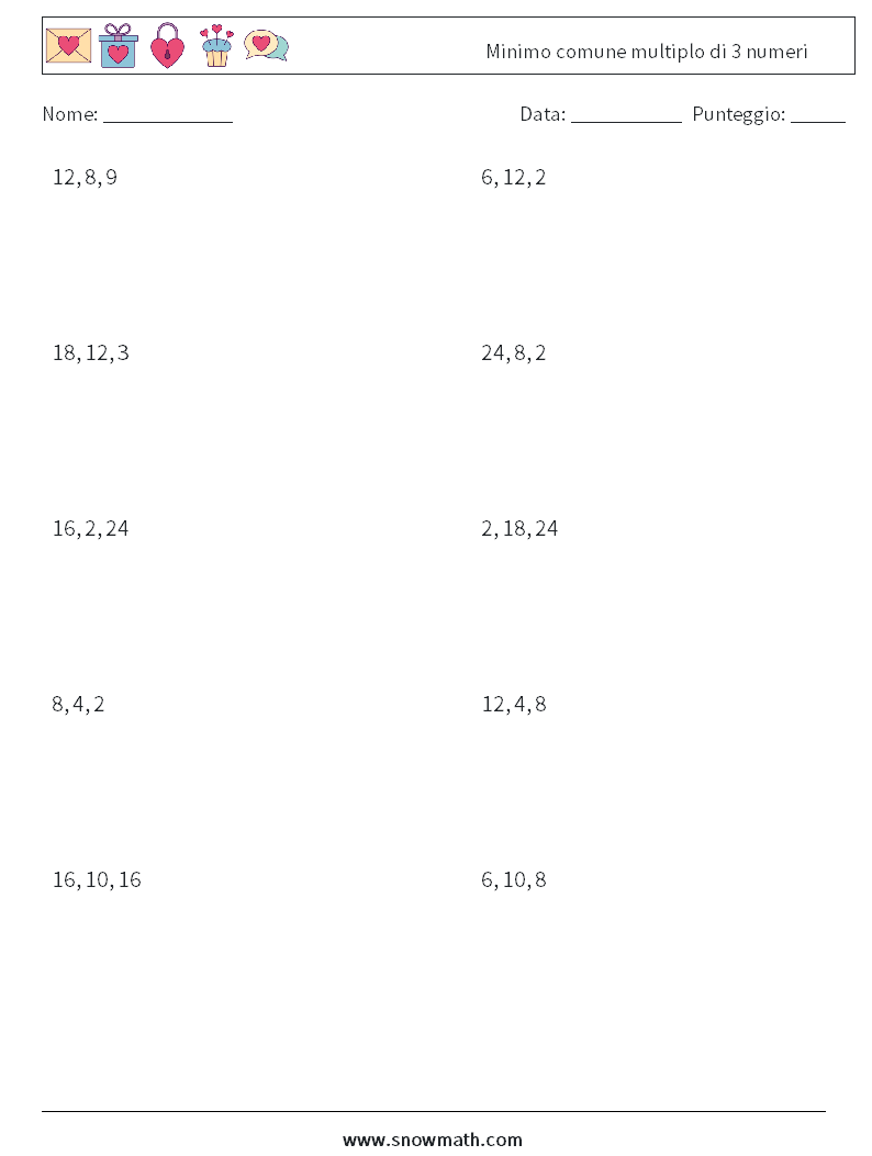 Minimo comune multiplo di 3 numeri Fogli di lavoro di matematica 7